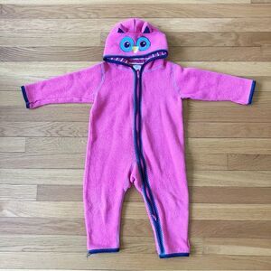 Hanna Andersson Pink Owl Fleece Outside Hooded Zip Up One Piece Romper 80 18-24